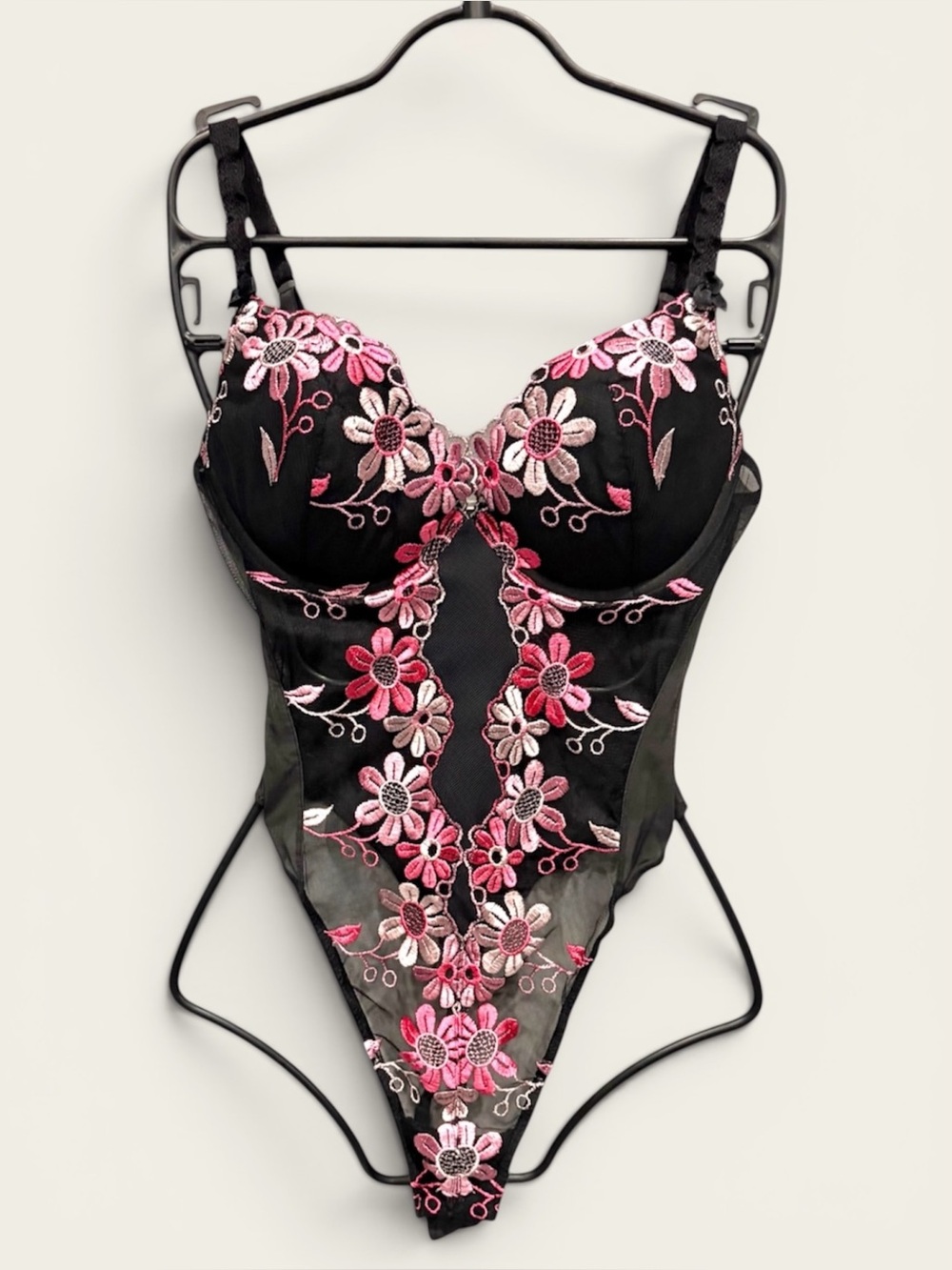 VICTORIA’S SECRET VINTAGE Y2K FLORAL EMBROIDERED MESH LACE TEDDY BODYSUIT (36C)